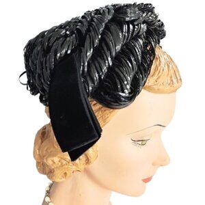 1950s Black Vintage Straw Band Cocktail Hat With Velvet Trim